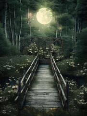 Wall Mural - Generative AI: fantasy landscape with wooden bridge to the sky amd big moon