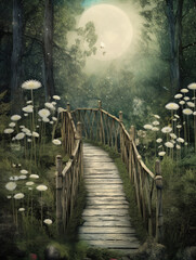 Wall Mural - Generative AI: fantasy landscape with wooden bridge to the sky amd big moon