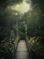 Wall Mural - Generative AI: fantasy landscape with wooden bridge to the sky amd big moon