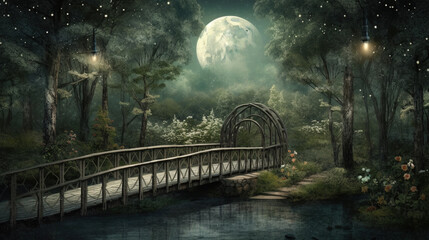 Wall Mural - Generative AI: fantasy landscape with wooden bridge to the sky amd big moon