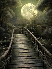 Wall Mural - Generative AI: fantasy landscape with wooden bridge to the sky amd big moon