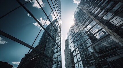 Wall Mural - worm eye view perspective of modern design office building with reflecting window sky modern financial district area urban city architecture look from below,generative ai