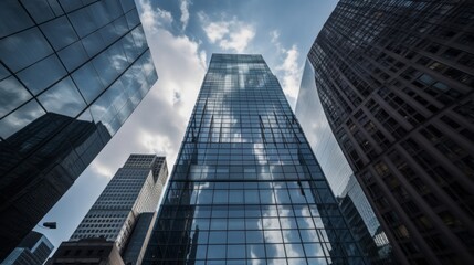 Wall Mural - worm eye view perspective of modern design office building with reflecting window sky modern financial district area urban city architecture look from below,generative ai