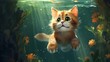 A cute orange cat diving and exploring underwater. Generative AI
