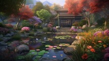 Japanese Garden Illustration With A Pond, Trees And Flowers