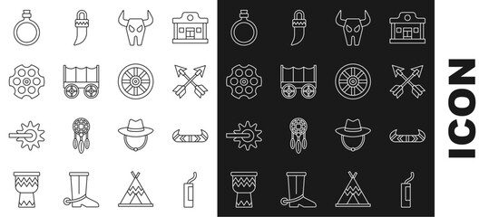 Canvas Print - Set line Dynamite bomb, Kayak or canoe and paddle, Crossed arrows, Buffalo skull, Wild west covered wagon, Revolver cylinder, Canteen water bottle and Old wooden wheel icon. Vector