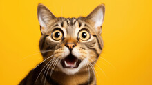 Young Crazy Surprised Cat With Big Eyes On Yellow Background