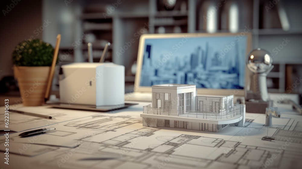 Workplace of an architect, interior designer, engineer. Laptop with a ...