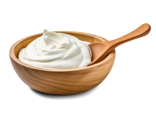 Sour cream in wooden bowl and spoon, mayonnaise, yogurt, isolated on transparent or white background, png