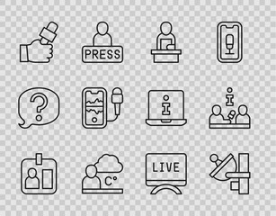 Sticker - Set line Journalist id card, Radar, Breaking news, Weather forecast, Mobile recording, Live report and Interview icon. Vector