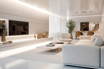White sofa against tv unit. Minimalist luxury home or hotel interior design of modern living room. Created with generative AI