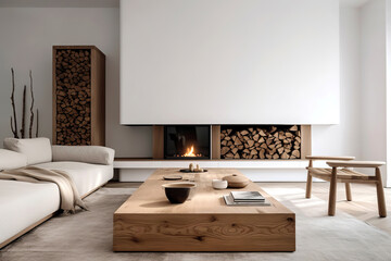 White sofa with blanket and wooden coffee table against fireplace with firewood stack. Minimalist scandinavian home interior design of modern living room. Created with generative AI