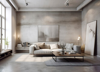 Grey sofa against window in grunge room with concrete walls. Loft home interior design of modern living room. Created with generative AI