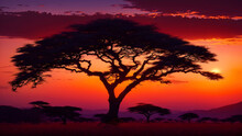 Panorama Silhouette Tree In Africa With Sunset.Tree Silhouetted Against A Setting Sun.Dark Tree On Open Field Dramatic Sunrise.Typical African Sunset With Acacia Trees In Masai Mara, Kenya