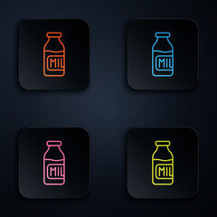 Sticker - Color neon line Closed glass bottle with milk icon isolated on black background. Set icons in square buttons. Vector