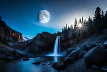 A Vibrant Waterfall Under A Full Blue Moon - AI Generative