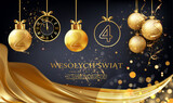 kartka lub baner na wesołych świąt i szczęśliwego nowego roku 2022 w kolorze złotym z wiszącymi bombkami, zegarem i zasłoną oraz kołami w efekcie bokeh w kolorze złotym na czarnym tle z brokatem