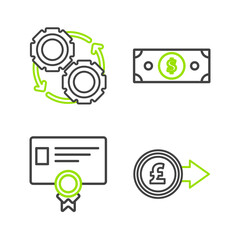 Wall Mural - Set line Coin money with pound sterling symbol, Certificate template, Stacks paper cash and Gear and arrows workflow process concept icon. Vector