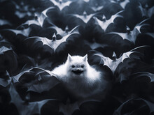 White Albino Bat On Dark Scary Halloween Background, Generative AI, Generative Artificial Intelligence