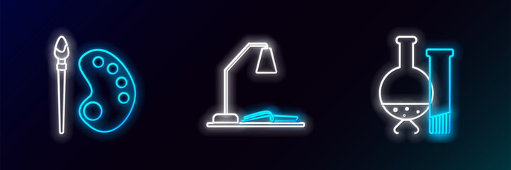 Poster - Set line Test tube and flask chemical laboratory test, Paint brush with palette and Workplace table lamp open book icon. Glowing neon. Vector