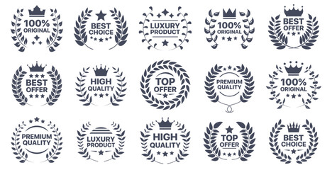 Poster - Best offer, high quality, best choice, original, luxury product emblem badge collection with laurel wreath, star and crown icons