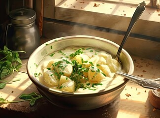 Wall Mural - Composition with tasty mashed potatoes on light background. Created with Generative AI technology.