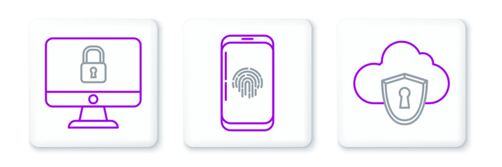 Sticker - Set line Cloud and shield, Lock on computer monitor screen and Smartphone with fingerprint scanner icon. Vector