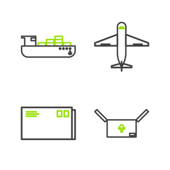 Poster - Set line Cardboard box with traffic symbol, Envelope, Plane and Cargo ship boxes delivery service icon. Vector