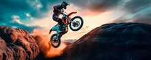 Motorcycle Rider Jumping On A Rock.