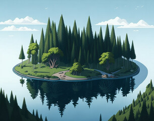 Jungle cartoon style, Forest scene with lake and trees, Nature landscape background, AI Generated