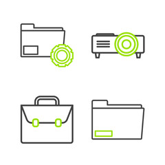 Poster - Set line Document folder, Briefcase, Presentation, movie, film, media projector and Folder settings with gears icon. Vector