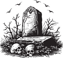 Tomb Grave Stone Halloween Horror Skull Bones Skeleton Bat