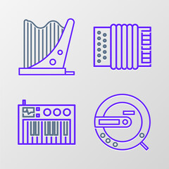 Wall Mural - Set line Music CD player, synthesizer, Musical instrument accordion and Harp icon. Vector