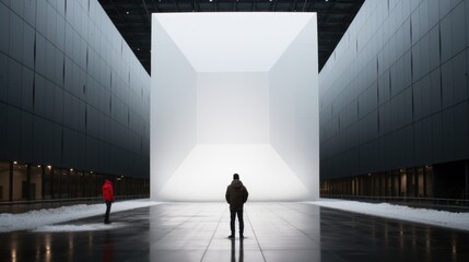 Wall Mural - a person standing in a large building with snow on the ground. generative ai image.