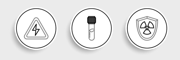 Sticker - Set line Radioactive in shield, High voltage sign and Test tube and flask chemical icon. Vector