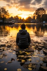 Poster - A person sitting on a log in the water. Generative AI image.