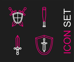 Wall Mural - Set line Medieval shield with sword, Baseball bat and crossed swords icon. Vector