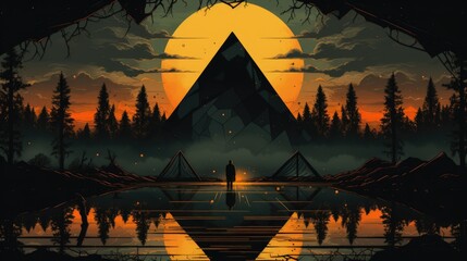 Poster - A person standing in front of a lake with a mountain in the background. Generative AI image.