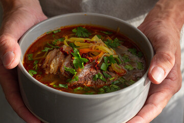 Wall Mural - person holding a bowl of soup