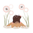 Cute baby mole come out of the hole. Vector cartoon illustration
