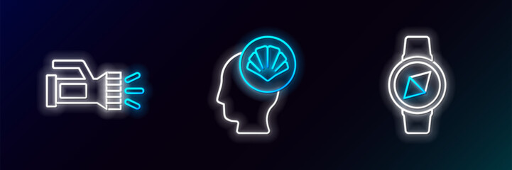 Poster - Set line Compass, Flashlight and Scallop sea shell icon. Glowing neon. Vector