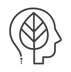 Think green sign, vector, icon. Head with green leaf.