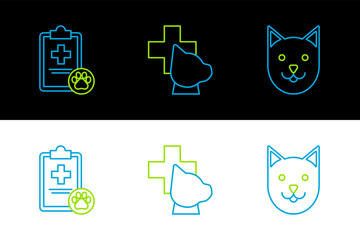 Poster - Set line Cat, Clipboard with medical clinical record pet and Veterinary symbol icon. Vector