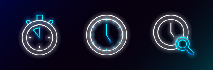 Sticker - Set line Magnifying glass with clock, Stopwatch and Clock icon. Glowing neon. Vector