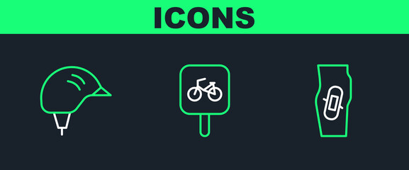 Sticker - Set line Plaster on leg, Bicycle helmet and parking icon. Vector