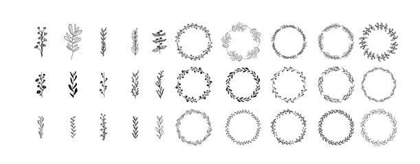 doodle botanical circle frame. hand drawn round line border, leaves and flowers, wedding invitation 