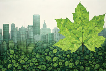 Print:green leaf and city,pointillism art.GenerativeAI.