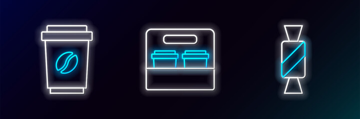 Sticker - Set line Candy, Coffee cup to go and icon. Glowing neon. Vector