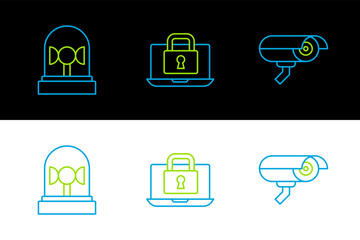 Sticker - Set line Security camera, Flasher siren and Laptop and lock icon. Vector