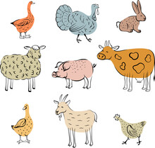 Set Of Hand-drawn Animals. Colorful Isolated Domestic Doodle Farm Animals Cartoon Illustration.